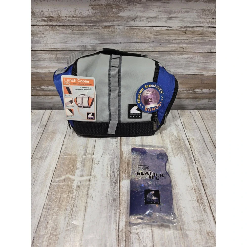 Glacier Gear Insulated Lunch Cooler Bag Gray Blue with Bonus Glacier Ice Pack